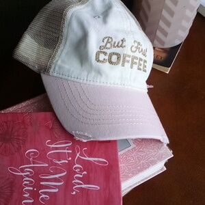 Embroidered But First COFFEE hat Mesh back Adjustable band Pink & khaki tan